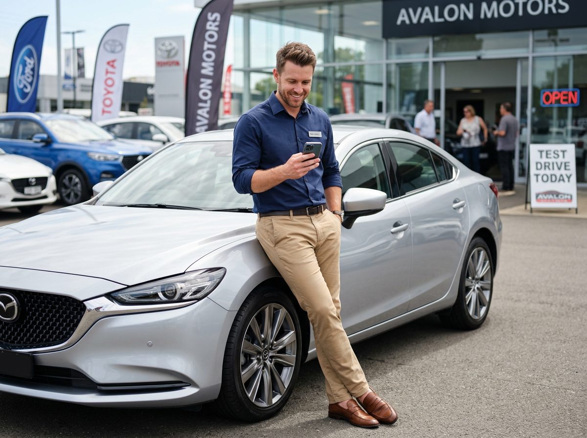 Car salesperson smiling at his phone on a dealership lot