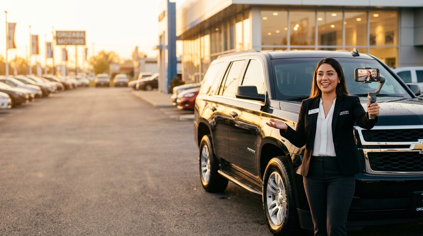 Car saleswoman filming a vertical video walkaround of an SUV on a dealership lot at sunset