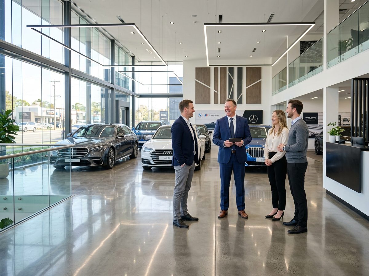 Dealership sales manager meeting with salespeople in a modern showroom